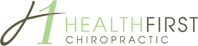 HealthFirst Chiropractic logo. A stylized number one in light green, with 'HEALTHFIRST' in green and brown, and 'CHIROPRACTIC' in brown below it.