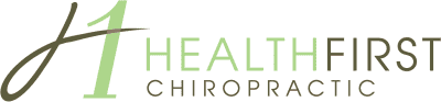 Logo for HealthFirst Chiropractic. It shows a green number one and a brown letter H intertwined, with the words 'HealthFirst' in green and brown, and 'Chiropractic' below in brown.