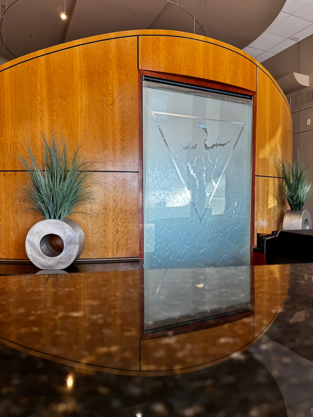 A modern indoor water feature with water flowing down a glass panel, featuring a triangular etching. It's set into a curved wooden wall with two contemporary planters holding spiky green plants. The surface below is highly reflective.