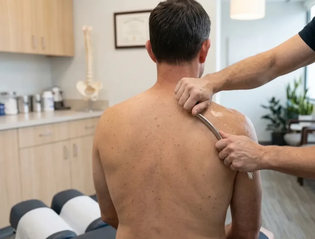 A man sits with his back exposed as a therapist uses a curved metal tool with gel on his right shoulder and upper back in a clinical setting.