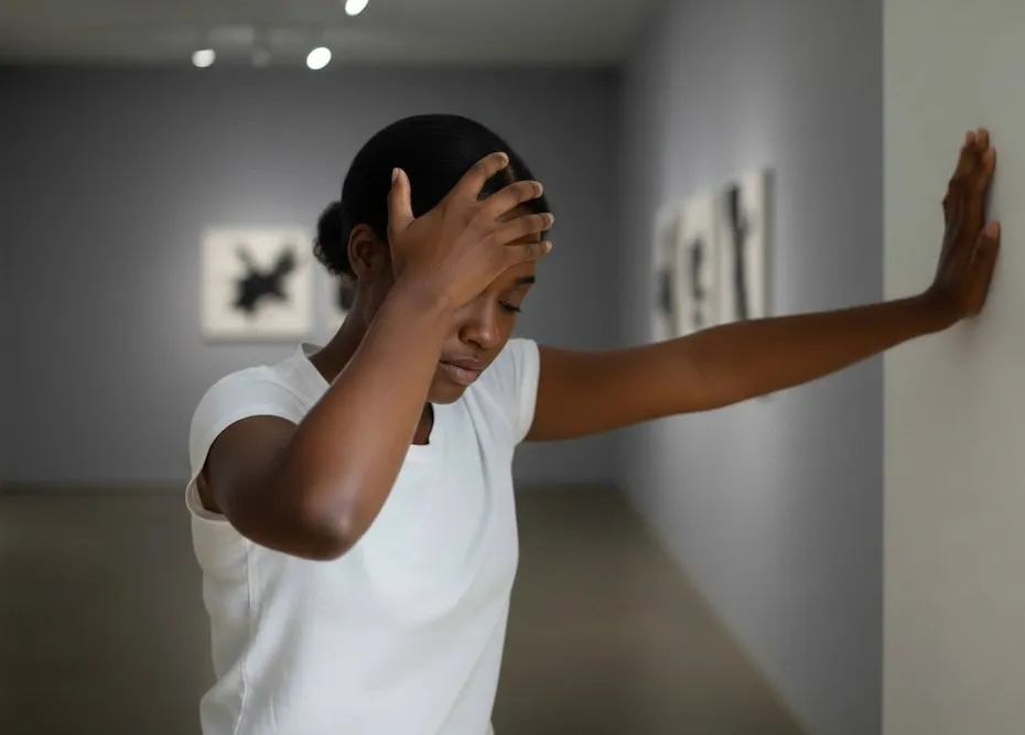 A Black woman in a white t-shirt with her hand on her forehead and the other hand pressed against a wall in an art gallery, appearing distressed or tired.